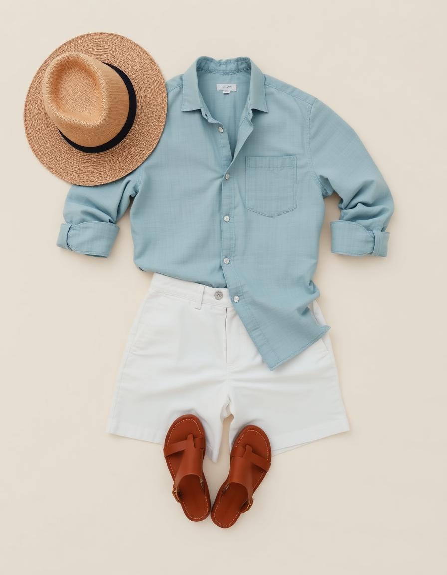 Linneskjorta med vita shorts och sandaler